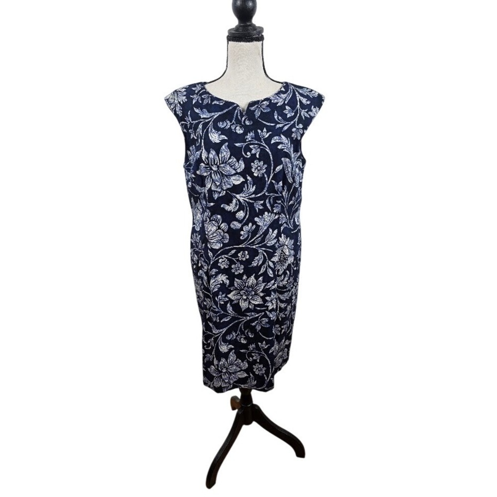 Talbots Sheath Dress Women 12P Navy Blue Floral Cotton Batik Sleeveless Career